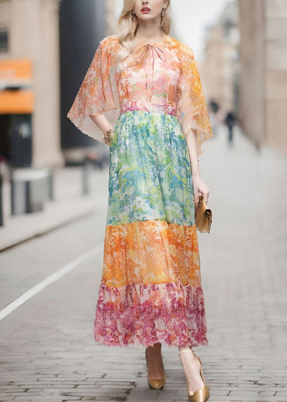 Colorblock Lace Up Print Chiffon Long Dresses Half Sleeve