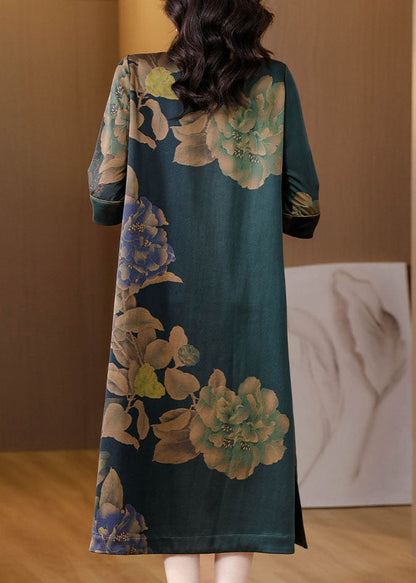 Stand Collar Print Button Silk Long Dress Fall