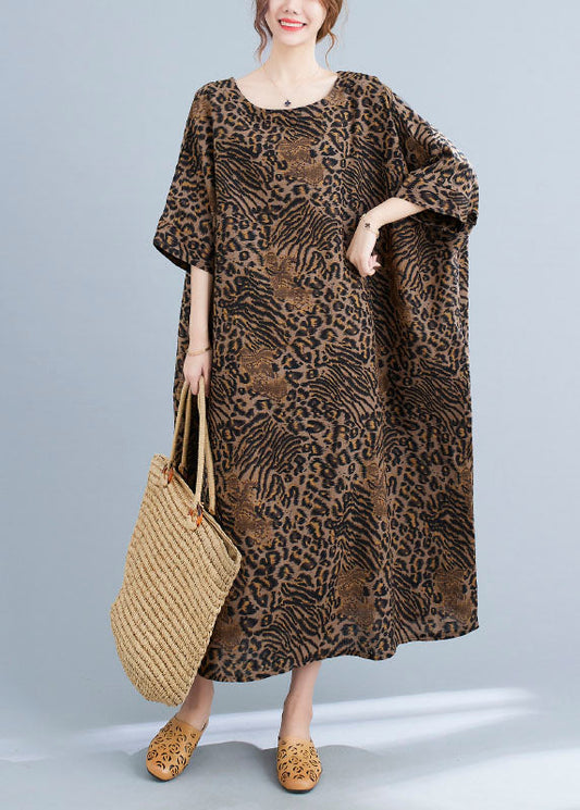 Yellow Leopard Pockets Print Cotton Loose Dresses Half Sleeve