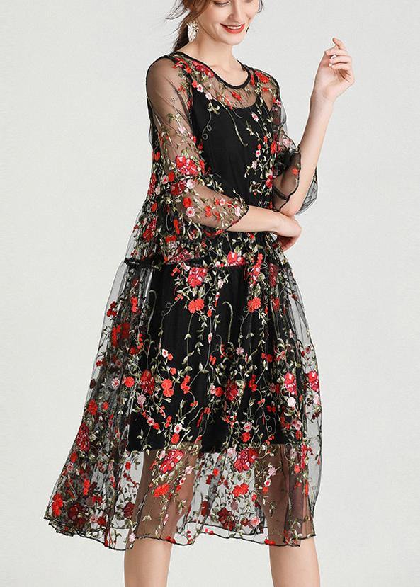 Black Embroidery Lace Dress Half Sleeve Sets 2 Pieces