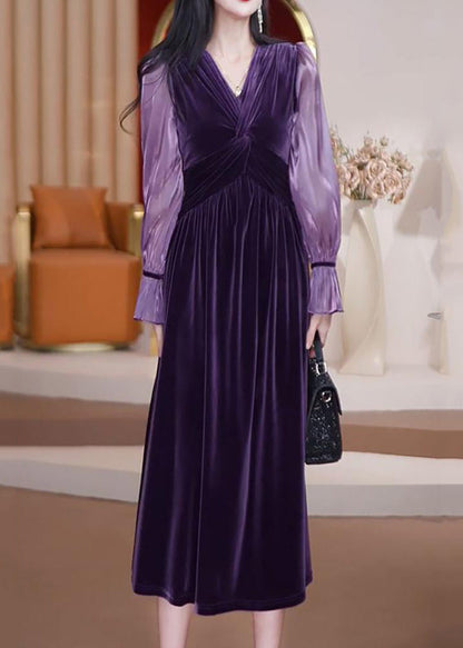 Purple V Neck Patchwork Wrinkled Silk Velour Long Dresses Long Sleeve