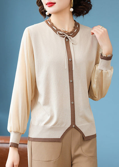 Stylish Apricot Lace Up Button Patchwork Knit T Shirts Fall