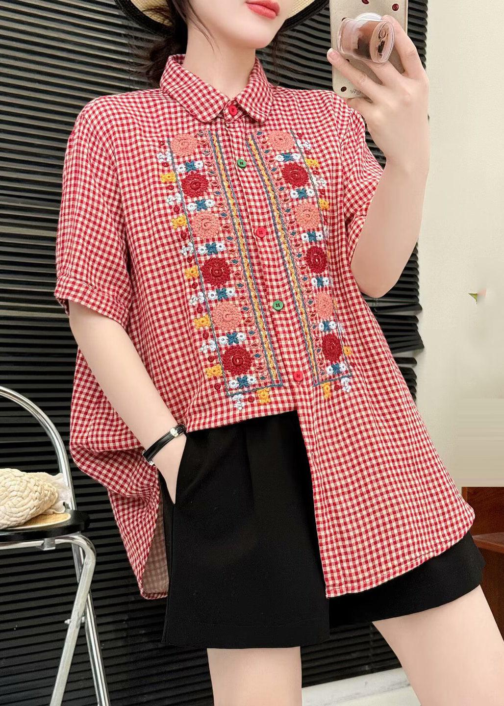 Red Embroidered Plaid Linen Tops Summer