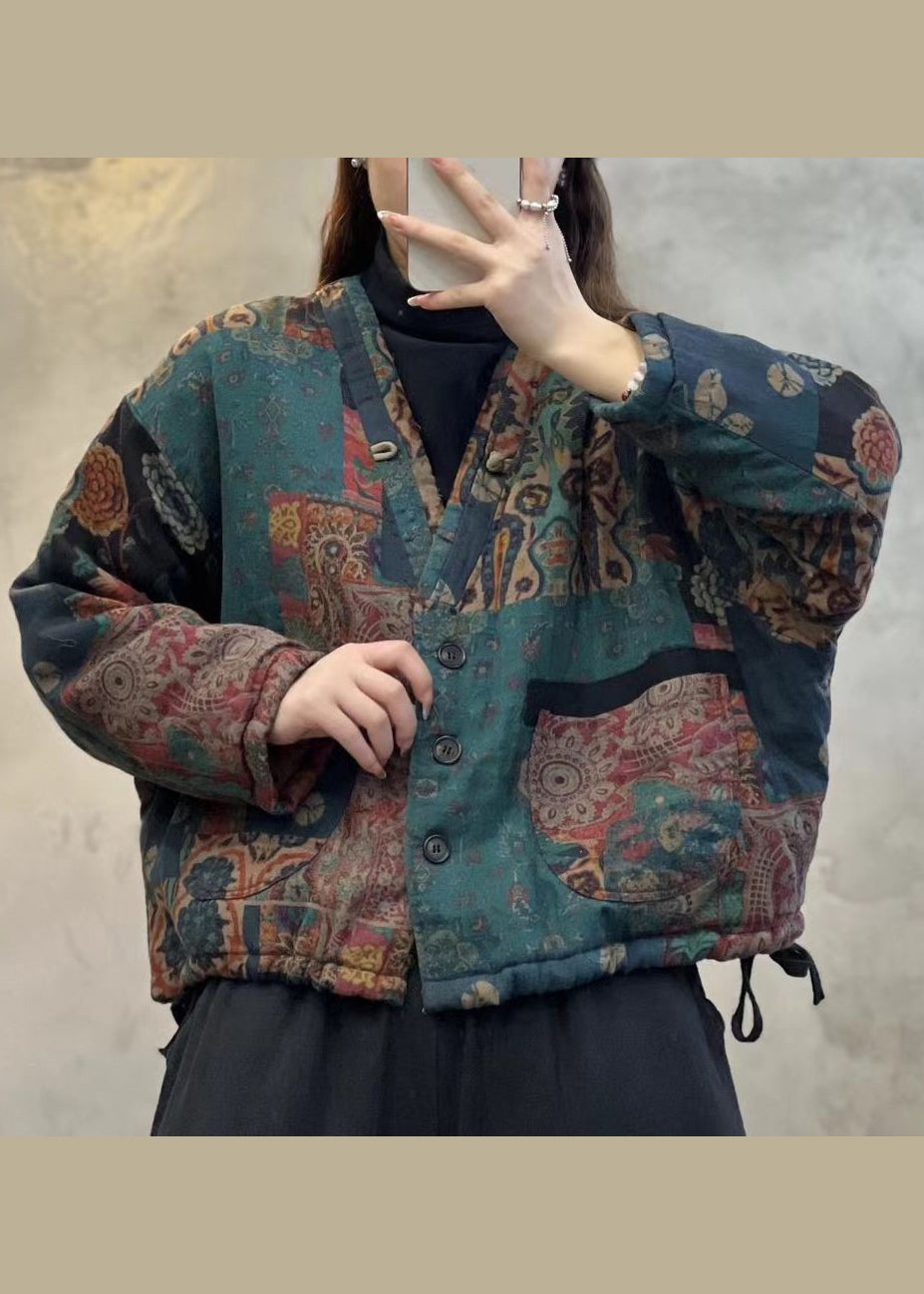 Green V Neck Pockets Print Fine Cotton Filled Jackets Spring