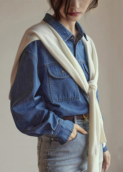 French Blue Peter Pan Collar Button Patchwork Denim Blouses Fall