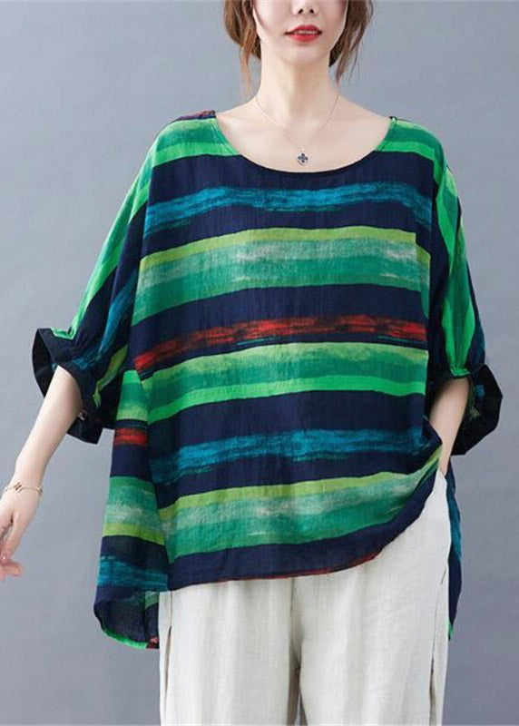 Green Striped Low High Design Top Summer