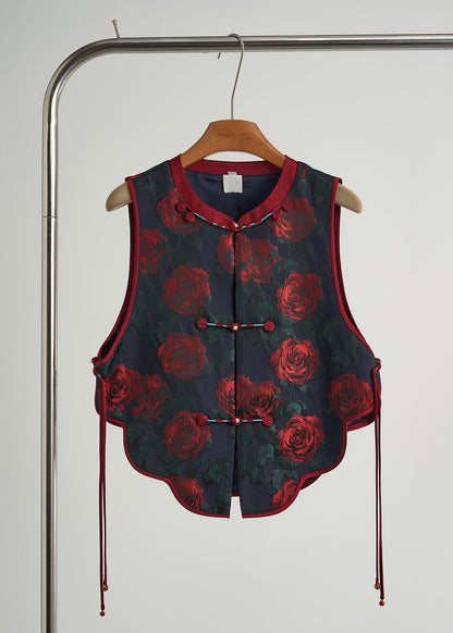 Black Chinese Button Jacquard Silk Vests Fall