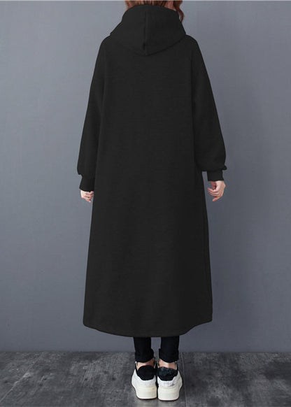 Black Hooded Patchwork Warm Fleece Long Dresses Winter