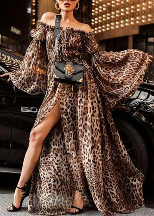 Slash Neck Backless Ruffled Leopard Print Side Open Long Dresses Flare Sleeve