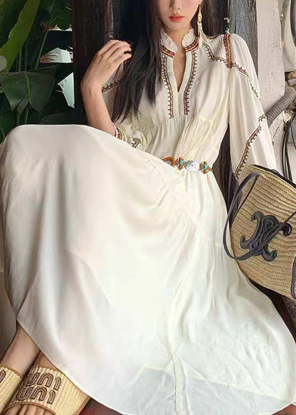 White Wrinkled Patchwork Cotton Long Dress Bracelet Sleeve