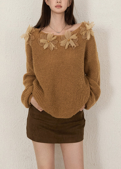 Brown Cold Shoulder Decorated Knit Shirts Fall