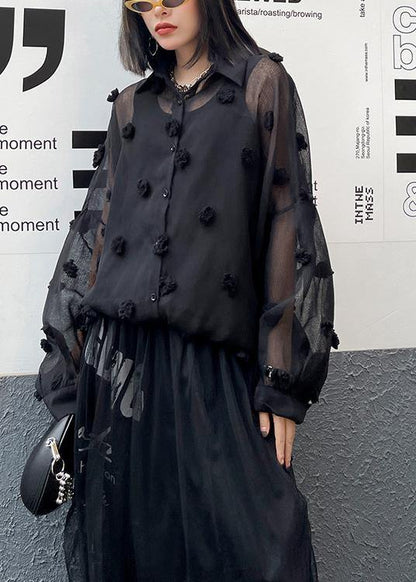 Black Simple Button Cinched Two Piece Set Clothing Chiffon Top