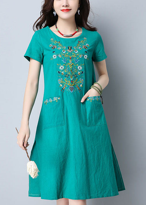 Green O-neck Side Open Embroideried Pockets Cotton Dresses Short Sleeve