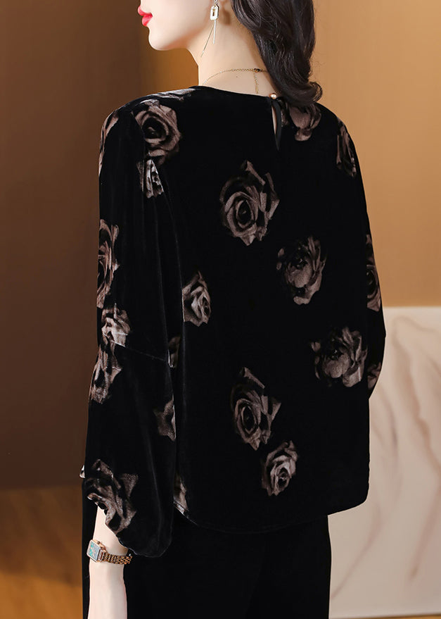 Black O Neck Print Velour Tops Lantern Sleeve