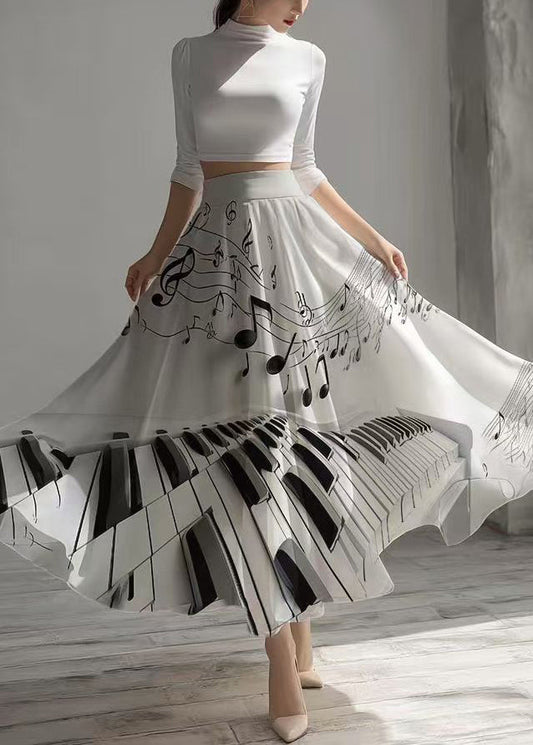 Modern White Print Draping Chiffon Skirts Exra Large Hem Fall