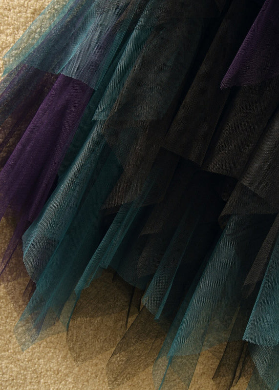 Blue Asymmetrical Elastic Waist Patchwork Tulle Skirts Summer