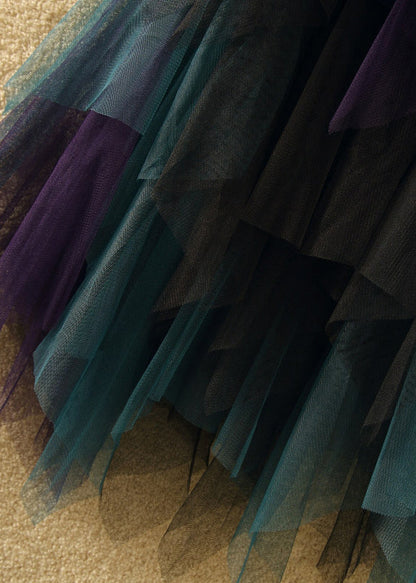 Blue Asymmetrical Elastic Waist Patchwork Tulle Skirts Summer