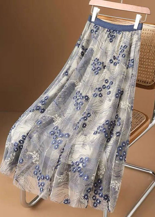 Blue Embroidery Wrinkled Tulle Skirts Summer