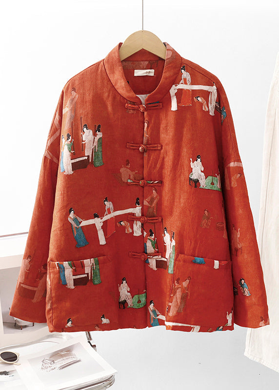 Orange Print Pockets Fine Cotton Filled Oriental Coats Winter