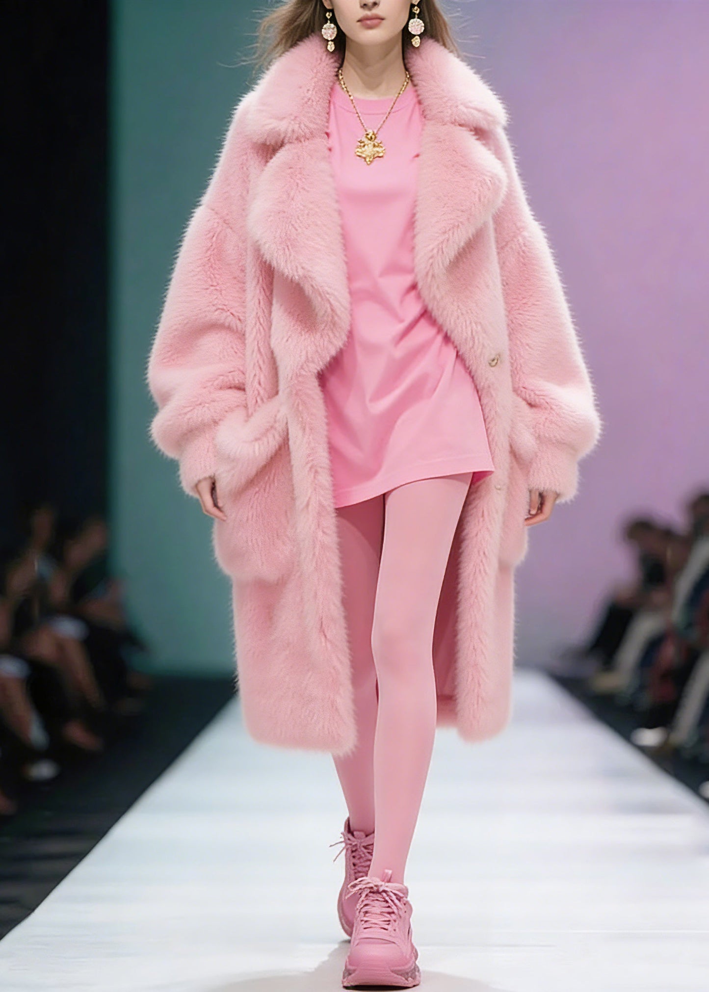 Pink Peter Pan Collar Pockets Patchwork Fuzzy Fur Fluffy Coat Winter