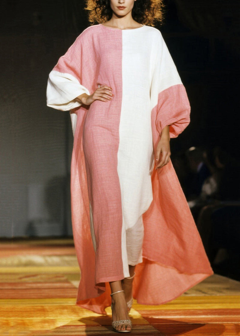 Pink Asymmetrical Patchwork Cotton Dresses Lantern Sleeve