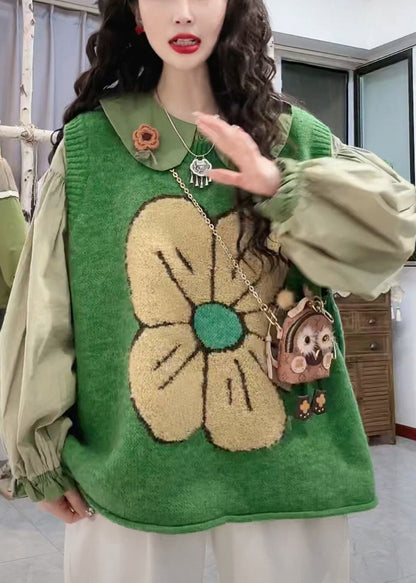 Green O Neck Patchwork Cozy Knit Waistcoat Sleeveless