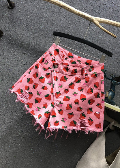 Pink Strawberry Print Pockets Denim Shorts Summer