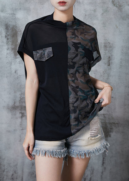 Black Stand Collar Patchwork Camouflage Tulle Tanks Summer