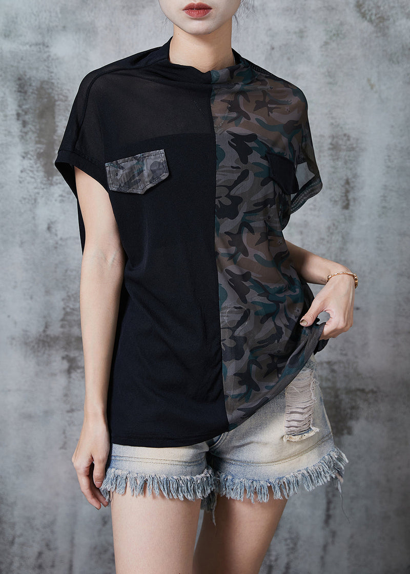 Black Stand Collar Patchwork Camouflage Tulle Tanks Summer