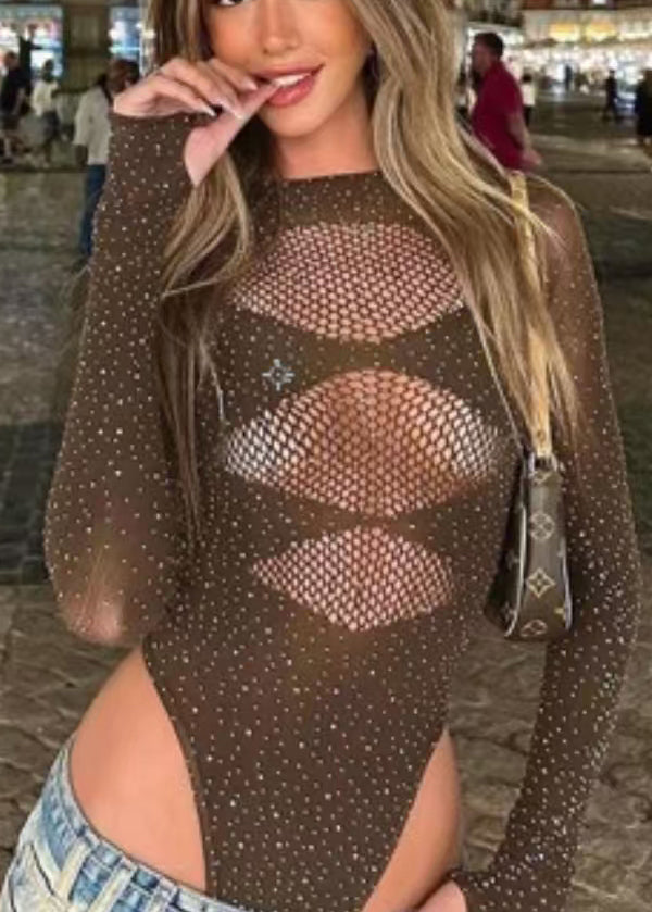 Hot Black Sheer Dot Mesh Bodysuit
