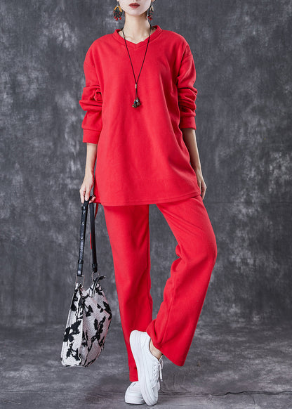 Red Oversized Drawstring Velour Sets 2 Pieces Fall