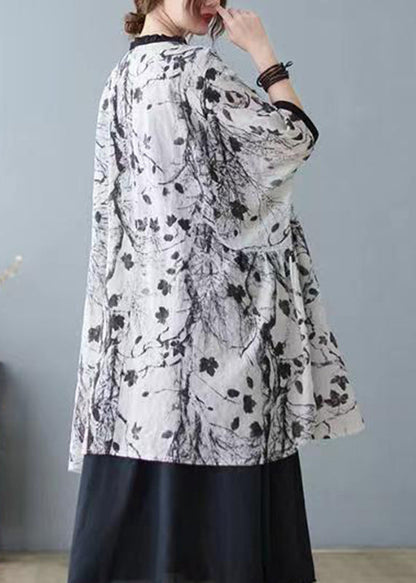 Grey Print Ruffled Patchwork Tops Short Sleeve