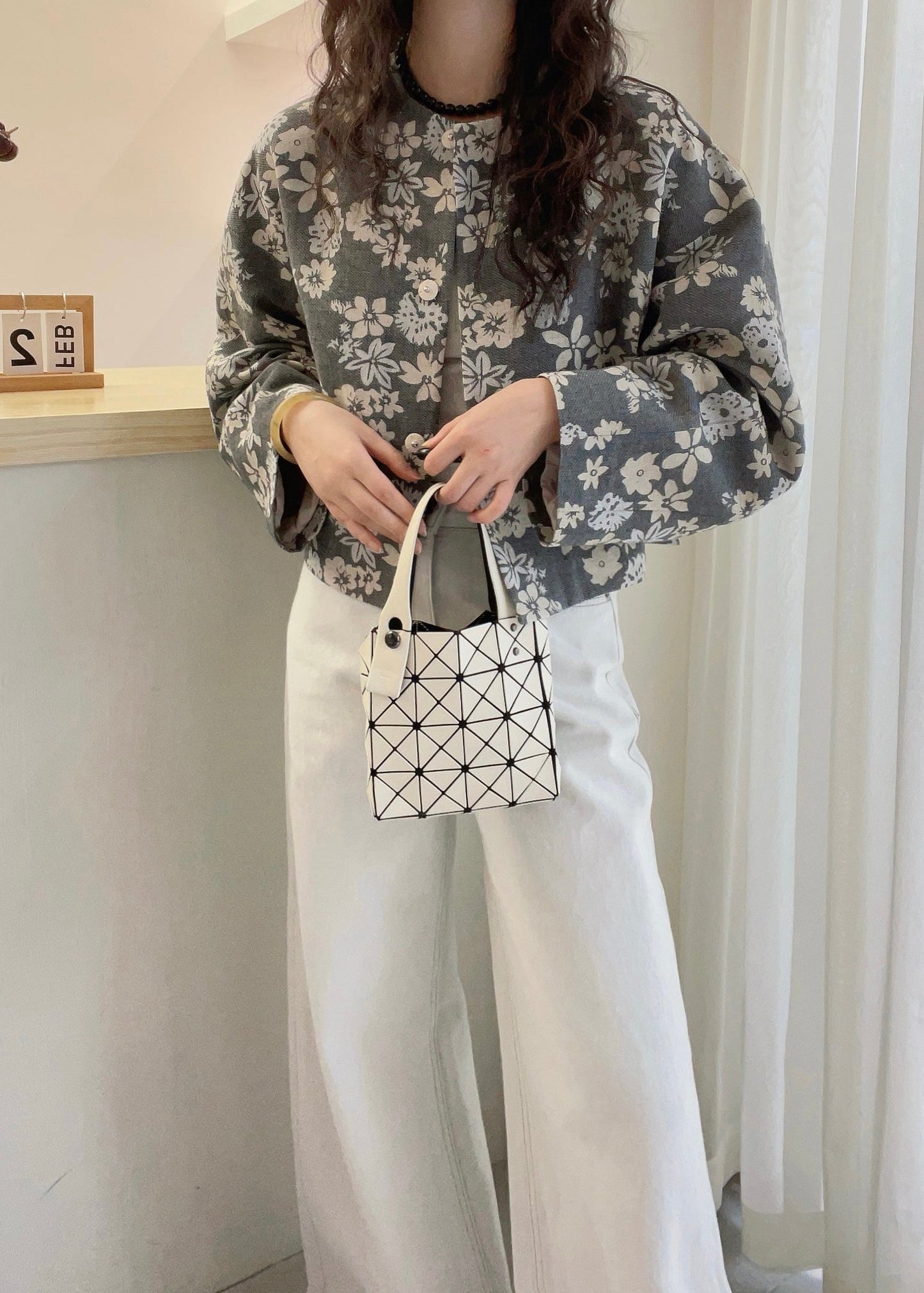 French Grey O Neck Print Cotton Jacket Fall
