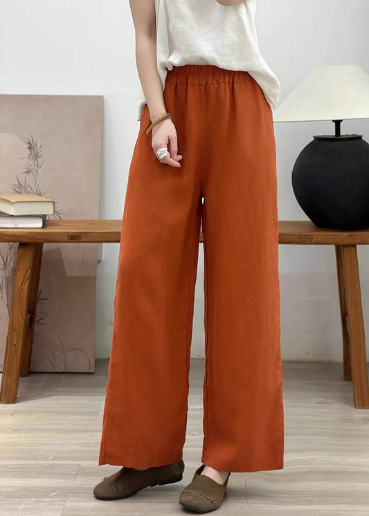 Orange Elastic Waist Linen Straight Pants Summer