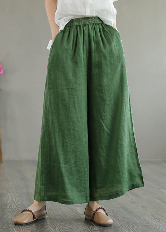 Green Pockets Elastic Waist Linen Wide Leg Pants Summer