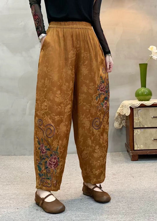 Boutique Yellow Embroidered Pockets Elastic Waist Silk Pants Spring