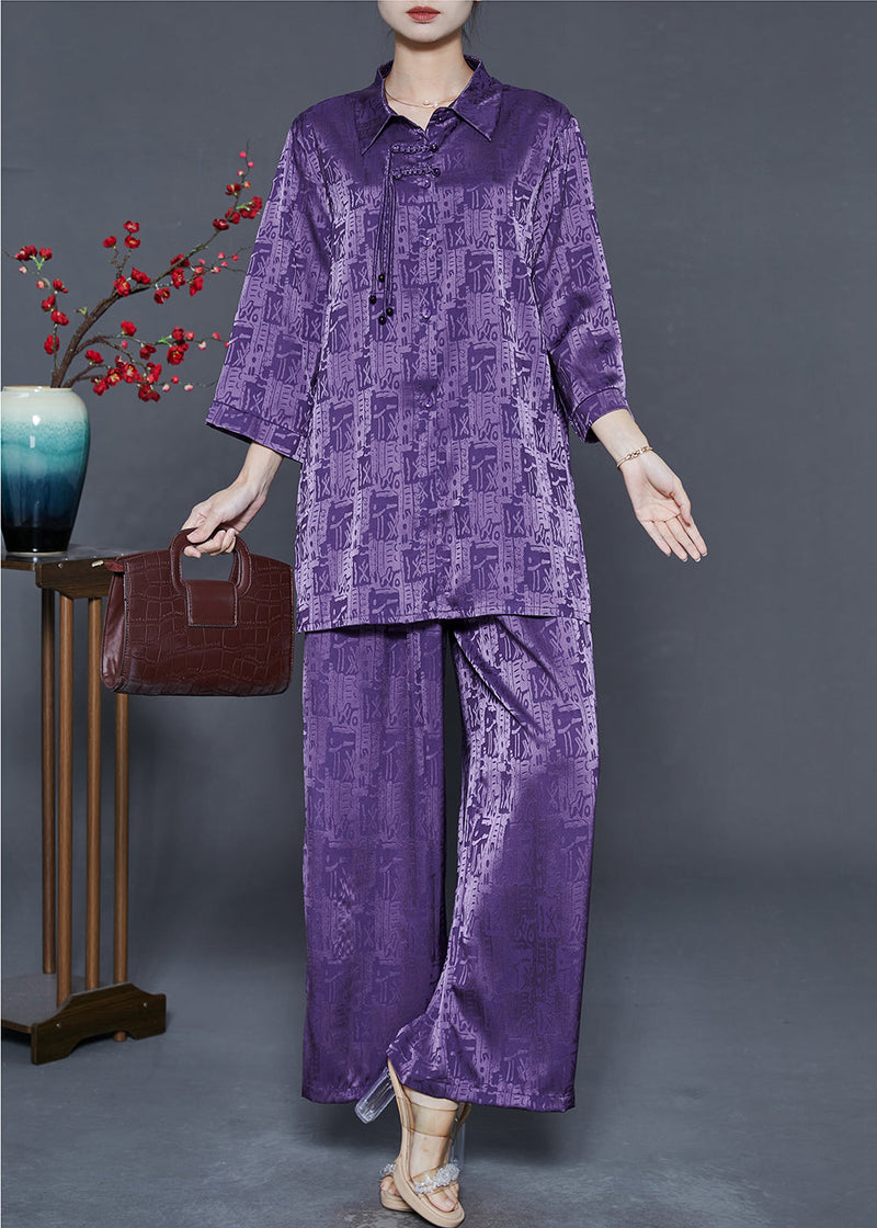 Purple Print Silk Oriental Two-piece Set Tasseled Fall