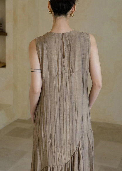 New Khaki Wrinkled Patchwork Cotton Long Dresses Sleeveless