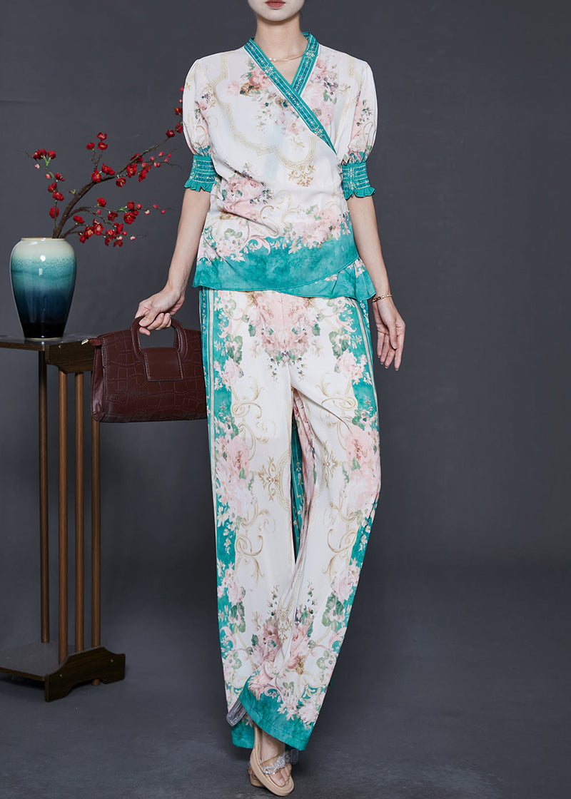 Apricot Print Lace Up Chiffon Two Pieces Set Puff Sleeve
