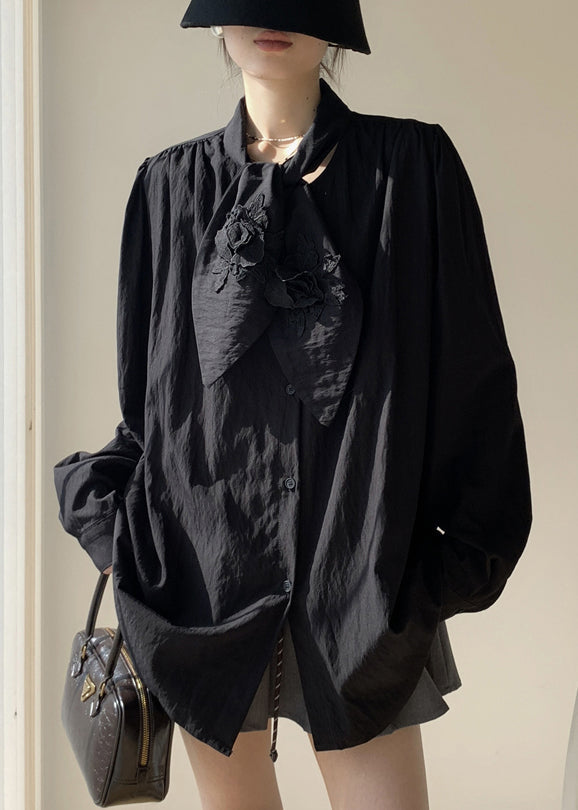 Black Button Loose Cotton Fall Shirt Bow