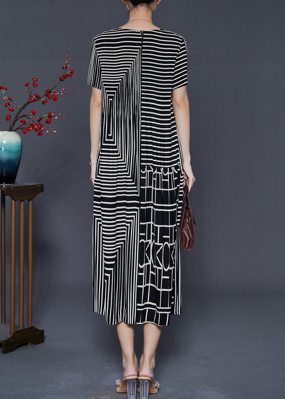Black Striped Wrinkled Chiffon Long Dresses Summer
