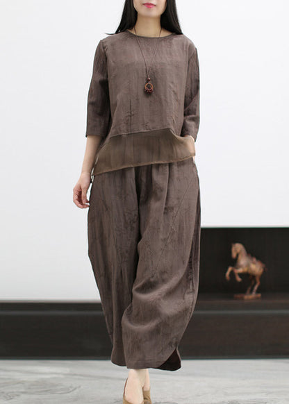Chocolate O-neck Silk Patchwork Linen Shirts and Wide Leg Pants Two Pieces Set Spring