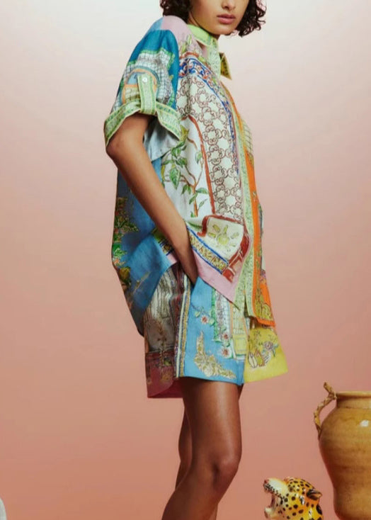 Colorblock Peter Pan Collar Print Cotton Two Pieces Set Half Sleeve