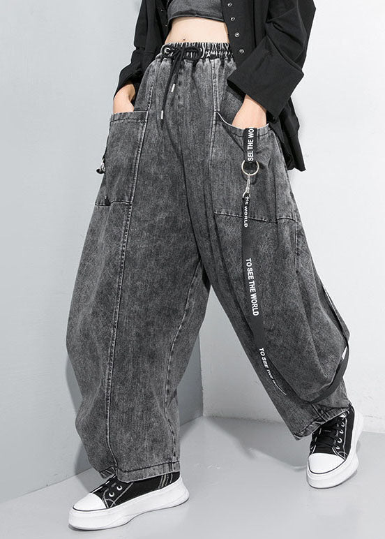 Black Grey Cinched Patchwork Denim Pants Trousers Spring