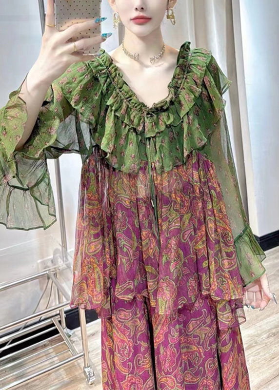 Purple Print Chiffon Top and Maxi Skirts Two Pieces Set Fall