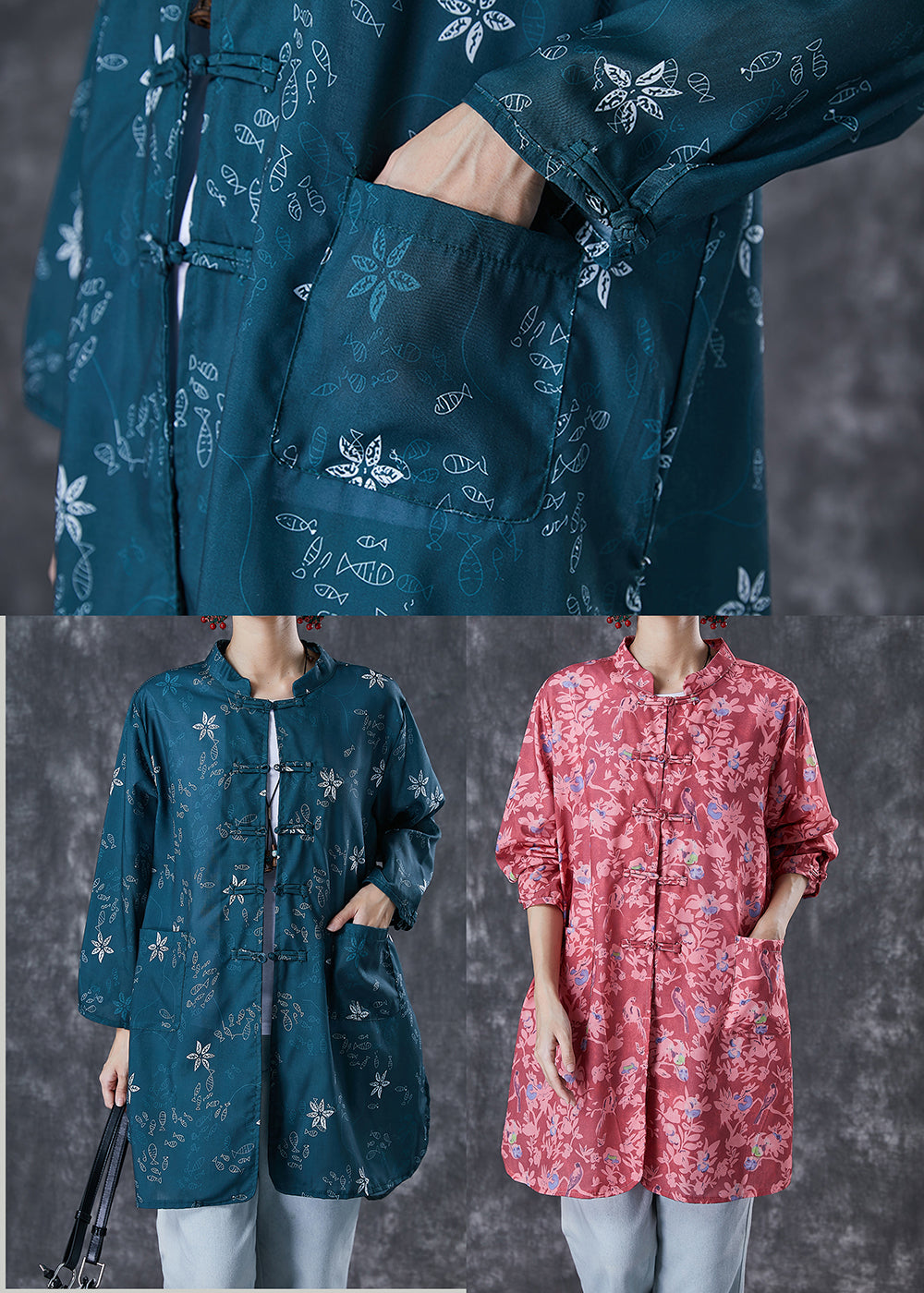 Blackish Green Print Chinese Button Cotton Shirt Fall