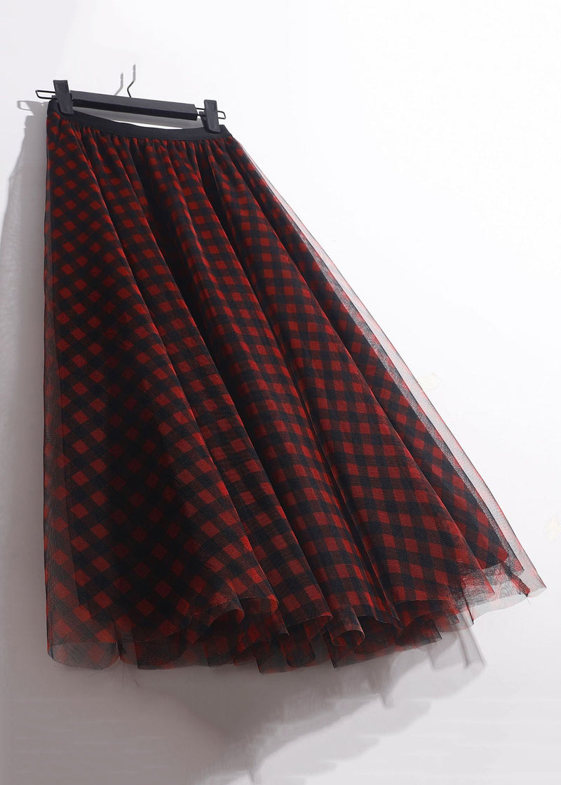 Red Print Tulle a Line Skirts Elastic Waist