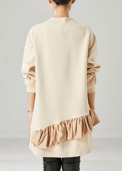 Beige Oversized Patchwork Ruffles Cotton Mid Dress Fall