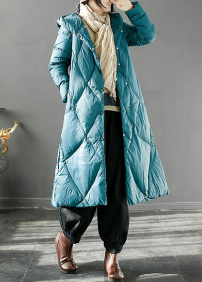Blue Plaid Pockets Button Duck Down Long Hooded Down Coat Long Sleeve