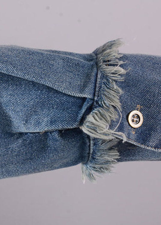 Art Blue O-neck Pockets Button Denim Fall Long Sleeve Dress